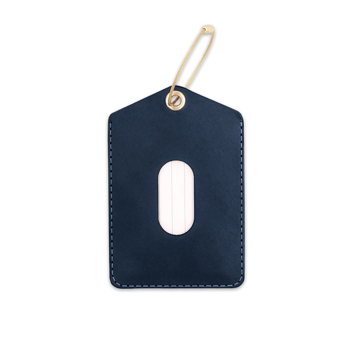 Navy leather Luggage Tag with blank info card and window, and brass hardware.