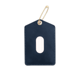 Navy leather Luggage Tag with blank info card and window, and brass hardware.