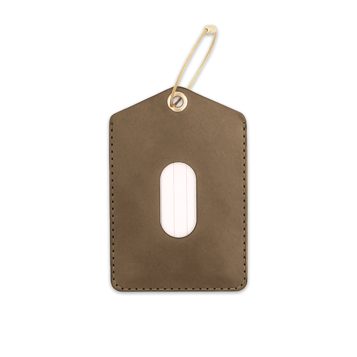 Olive leather Luggage Tag with blank info card and window, and brass hardware.