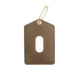 Olive leather Luggage Tag with blank info card and window, and brass hardware.