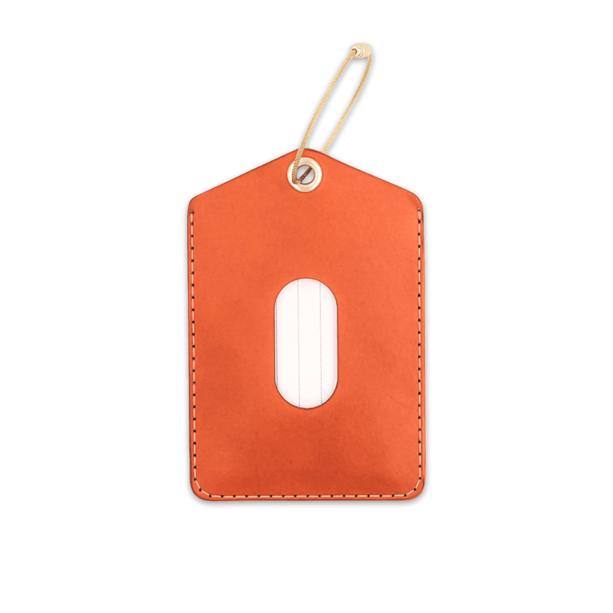 Orange leather Luggage Tag with blank info card and window, and brass hardware.