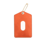 Orange leather Luggage Tag with blank info card and window, and brass hardware.