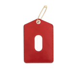 Red leather Luggage Tag with blank info card and window, and brass hardware.