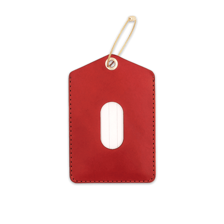 Red leather Luggage Tag with blank info card and window, and brass hardware.