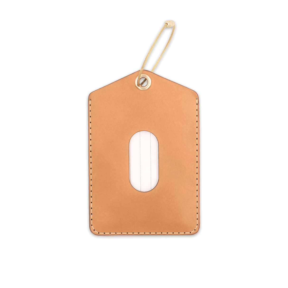 Tan leather Luggage Tag with blank info card and window, and brass hardware.