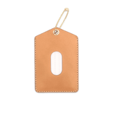 Tan leather Luggage Tag with blank info card and window, and brass hardware.