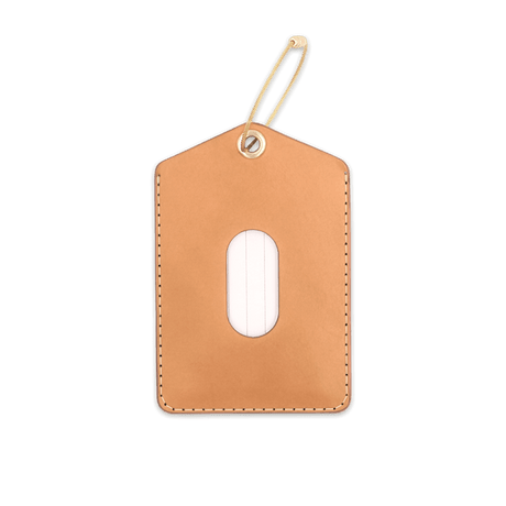 Tan leather Luggage Tag with blank info card and window, and brass hardware.