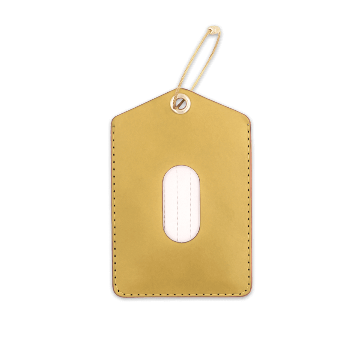 Yellow leather Luggage Tag with blank info card and window, and brass hardware.