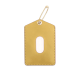 Yellow leather Luggage Tag with blank info card and window, and brass hardware.