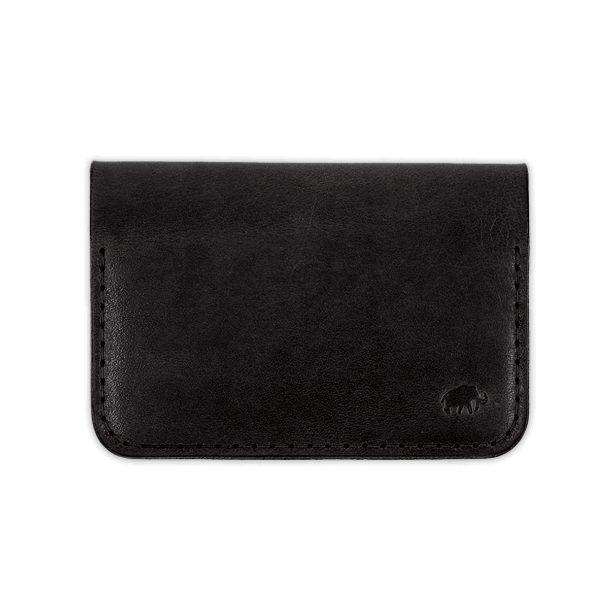 Black glazed leather Flip Wallet with hand-pressed Woolly Made logo.