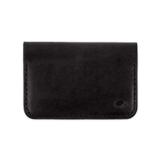 Black glazed leather Flip Wallet with hand-pressed Woolly Made logo.