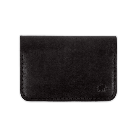 Black glazed leather Flip Wallet with hand-pressed Woolly Made logo.