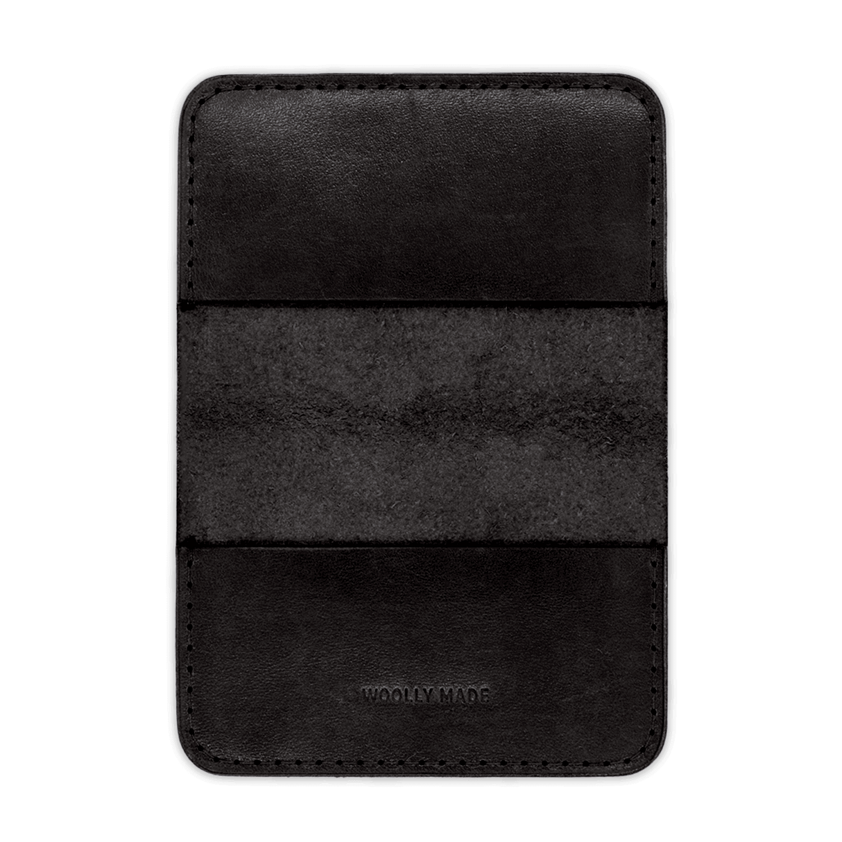 Black glazed leather Flip Wallet open view with hand-pressed Woolly Made logo.