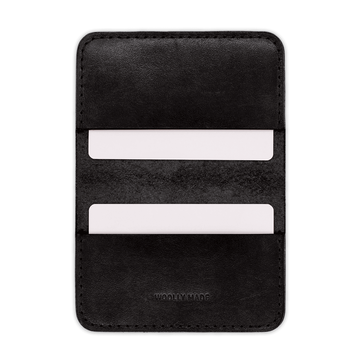 Black glazed leather Flip Wallet open view with white cards hand-pressed Woolly Made logo.