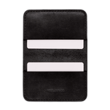 Black glazed leather Flip Wallet open view with white cards hand-pressed Woolly Made logo.