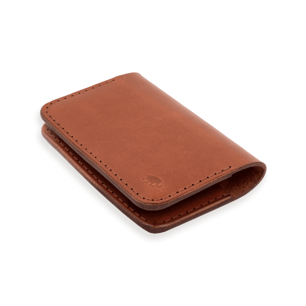 Brown glazed leather Flip Wallet 3/4 angle view with hand-pressed Woolly Made logo.