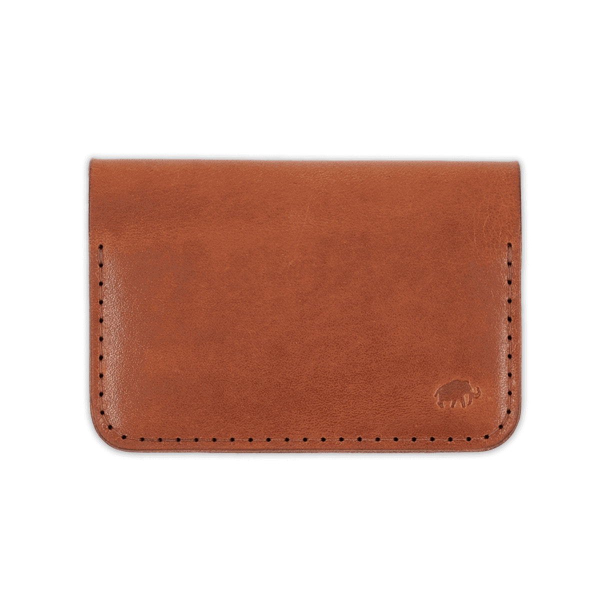 Brown glazed leather Flip Wallet with hand-pressed Woolly Made logo.