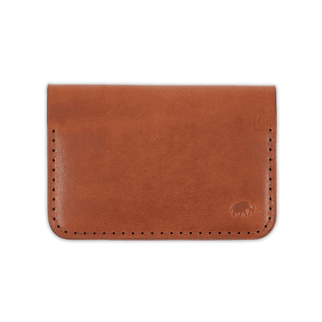 Brown glazed leather Flip Wallet with hand-pressed Woolly Made logo.