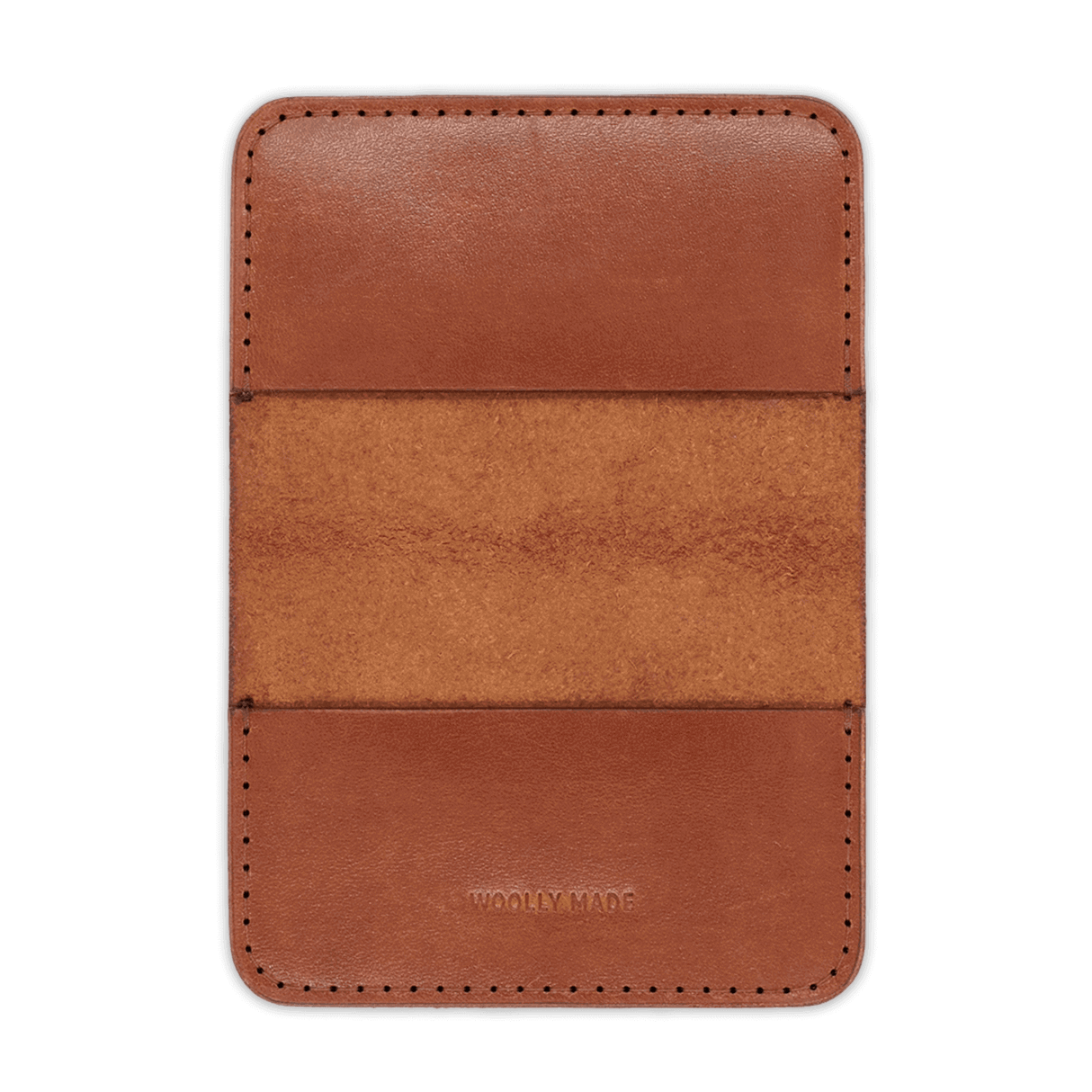 Brown glazed leather Flip Wallet open view with hand-pressed Woolly Made logo.