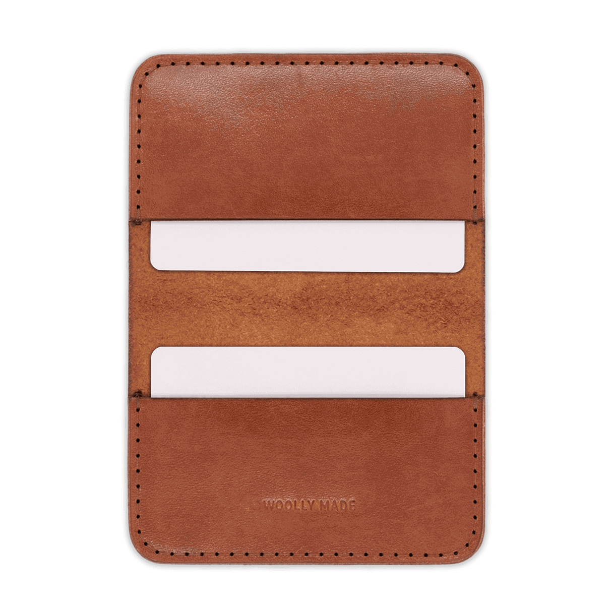 Brown glazed leather Flip Wallet open view with white cards and hand-pressed Woolly Made logo.