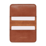 Brown glazed leather Flip Wallet open view with white cards and hand-pressed Woolly Made logo.