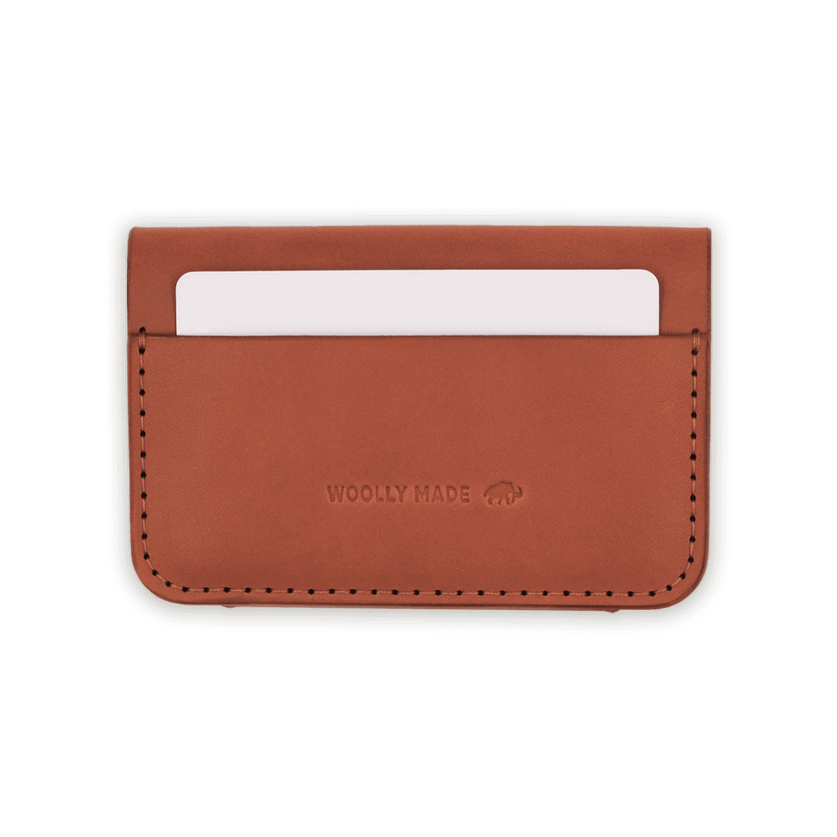 Brown leather Founders Wallet back view with hand-pressed Woolly Made logo and a white card.