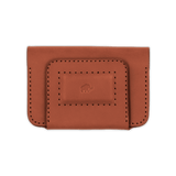 Brown leather Founders Wallet front view with hand-pressed Woolly Made logo.