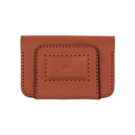 Brown leather Founders Wallet front view with hand-pressed Woolly Made logo.