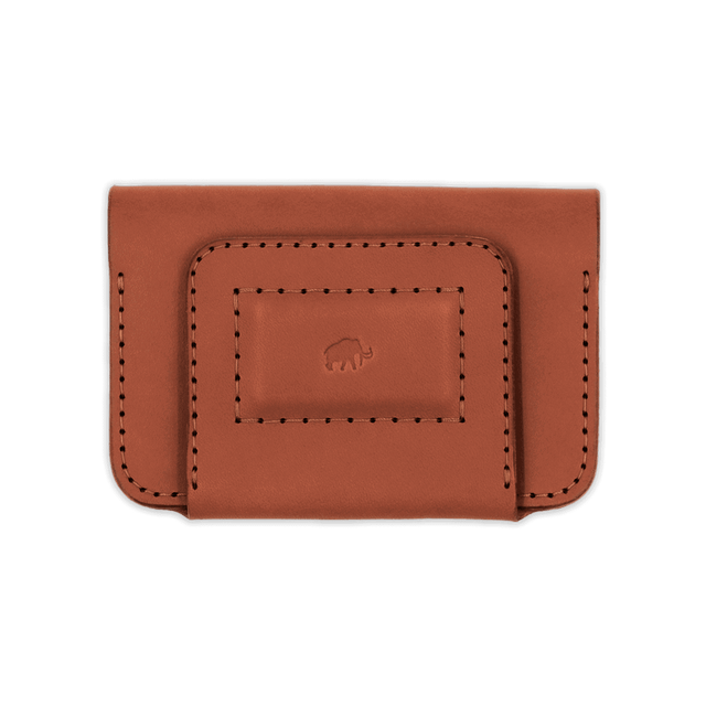 Brown leather Founders Wallet front view with hand-pressed Woolly Made logo.