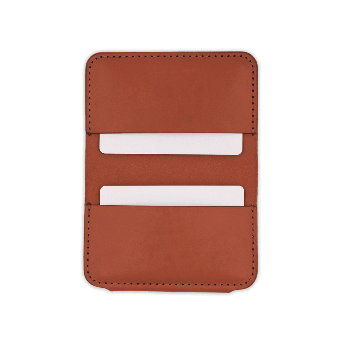 Brown leather Founders Wallet open view with white cards.