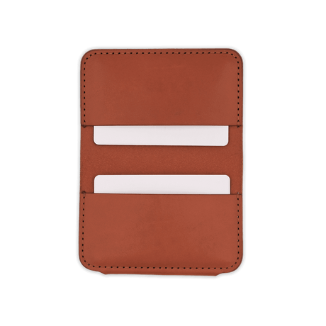 Brown leather Founders Wallet open view with white cards.