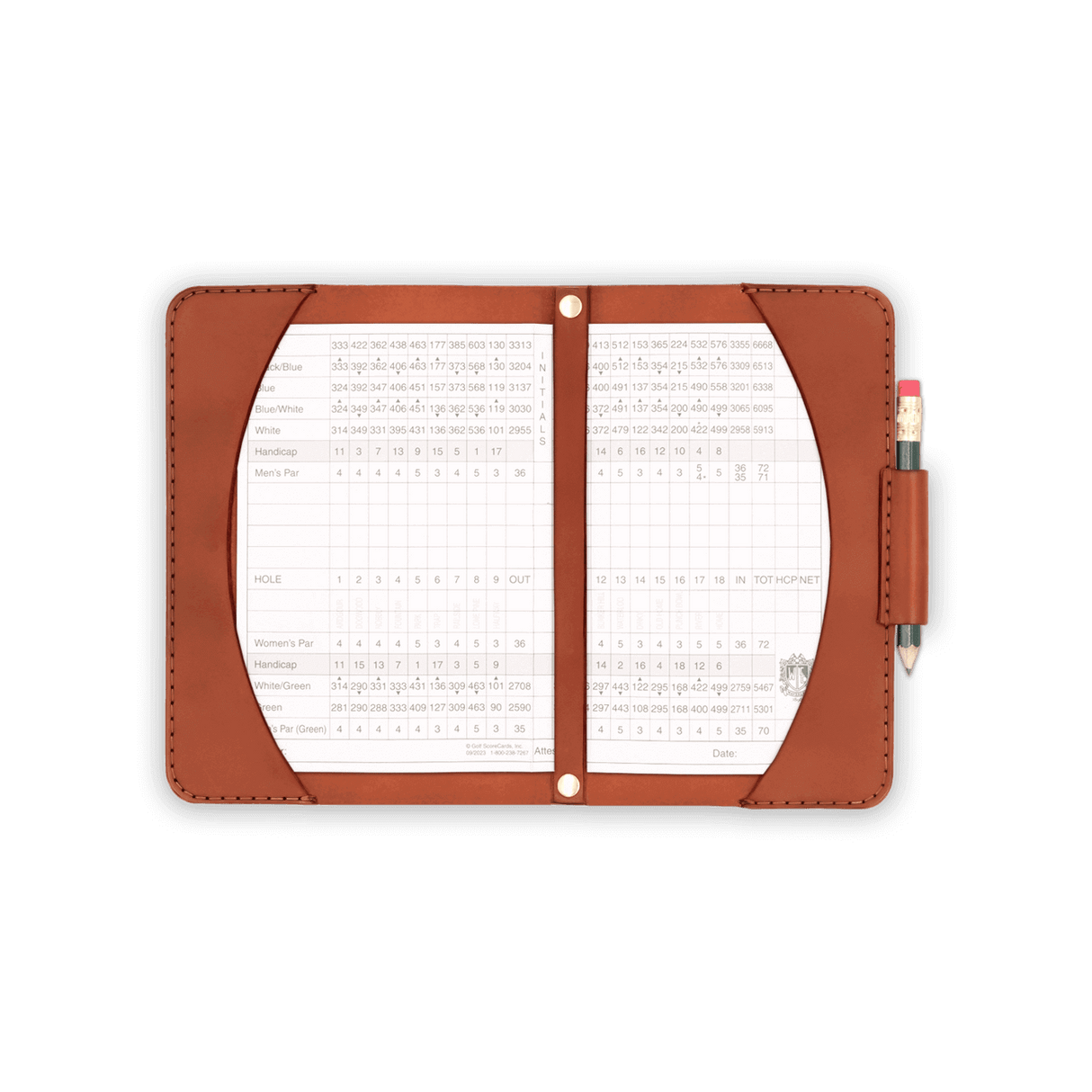 Brown leather Golf Scorecard Holder, scorecard and small pencil in pencil holder and brass hardware.