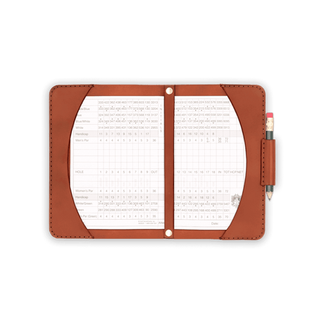 Brown leather Golf Scorecard Holder, scorecard and small pencil in pencil holder and brass hardware.