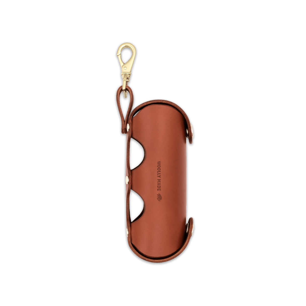 Brown Golf Ball Sleeve with side view and Woolly Made logo deboss.