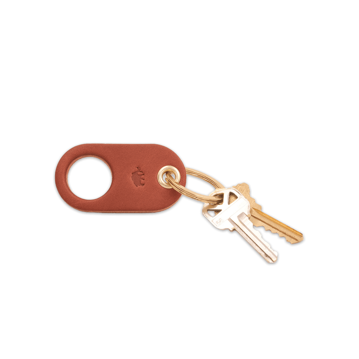 Brown leather Grip Keychain with hand-pressed Woolly Made logo, brass hardware, and keys.