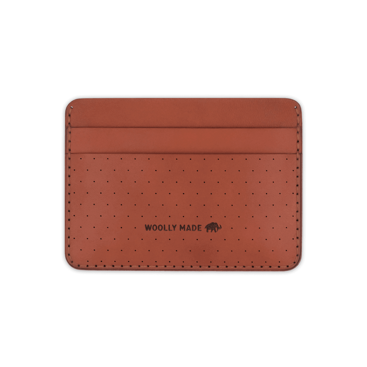 Brown leather Half Wallet with decorative perforation and etched Woolly Made logo.