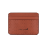 Brown leather Half Wallet with decorative perforation and etched Woolly Made logo.