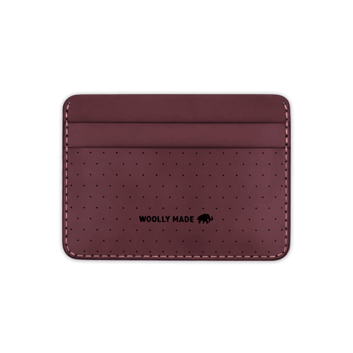 Burgundy leather Half Wallet with decorative perforation and etched Woolly Made logo.