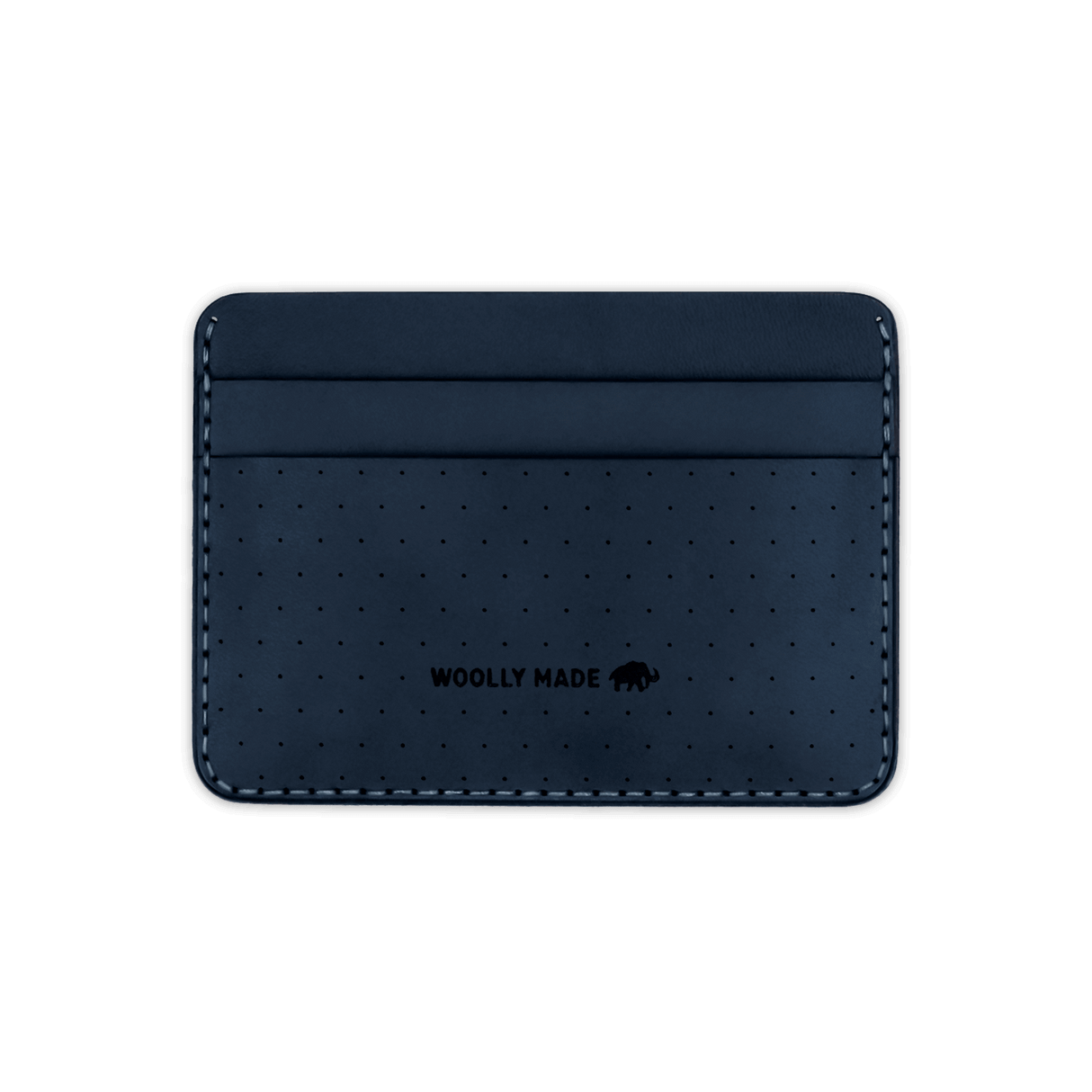 Navy leather Half Wallet with decorative perforation and etched Woolly Made logo.