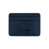 Navy leather Half Wallet with decorative perforation and etched Woolly Made logo.