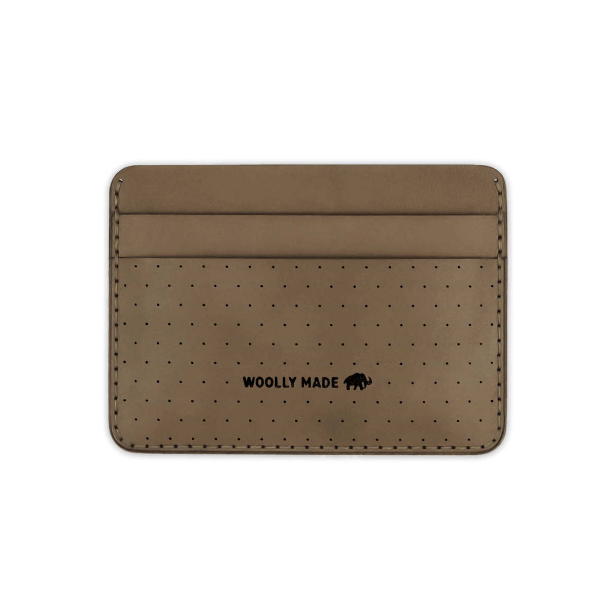 Olive leather Half Wallet with decorative perforation and etched Woolly Made logo.