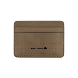 Olive leather Half Wallet with decorative perforation and etched Woolly Made logo.