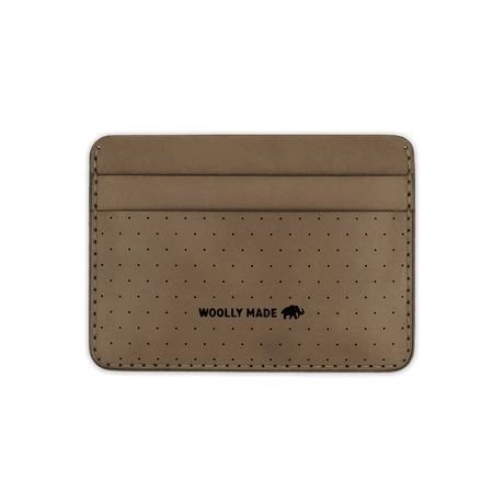 Olive leather Half Wallet with decorative perforation and etched Woolly Made logo.