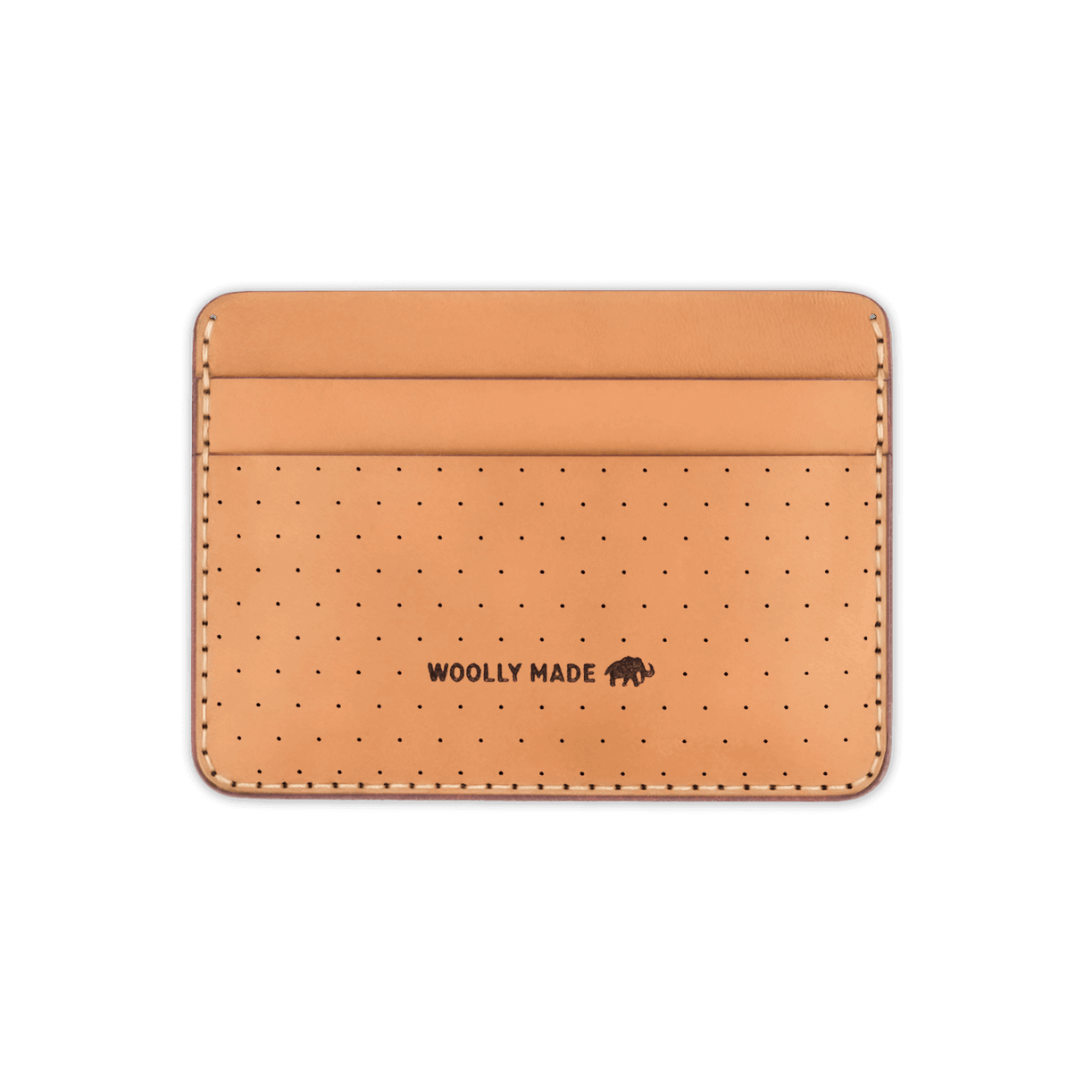 Tan leather Half Wallet with decorative perforation and etched Woolly Made logo.