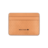 Tan leather Half Wallet with decorative perforation and etched Woolly Made logo.