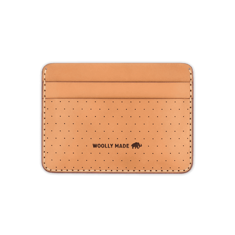 Tan leather Half Wallet with decorative perforation and etched Woolly Made logo.