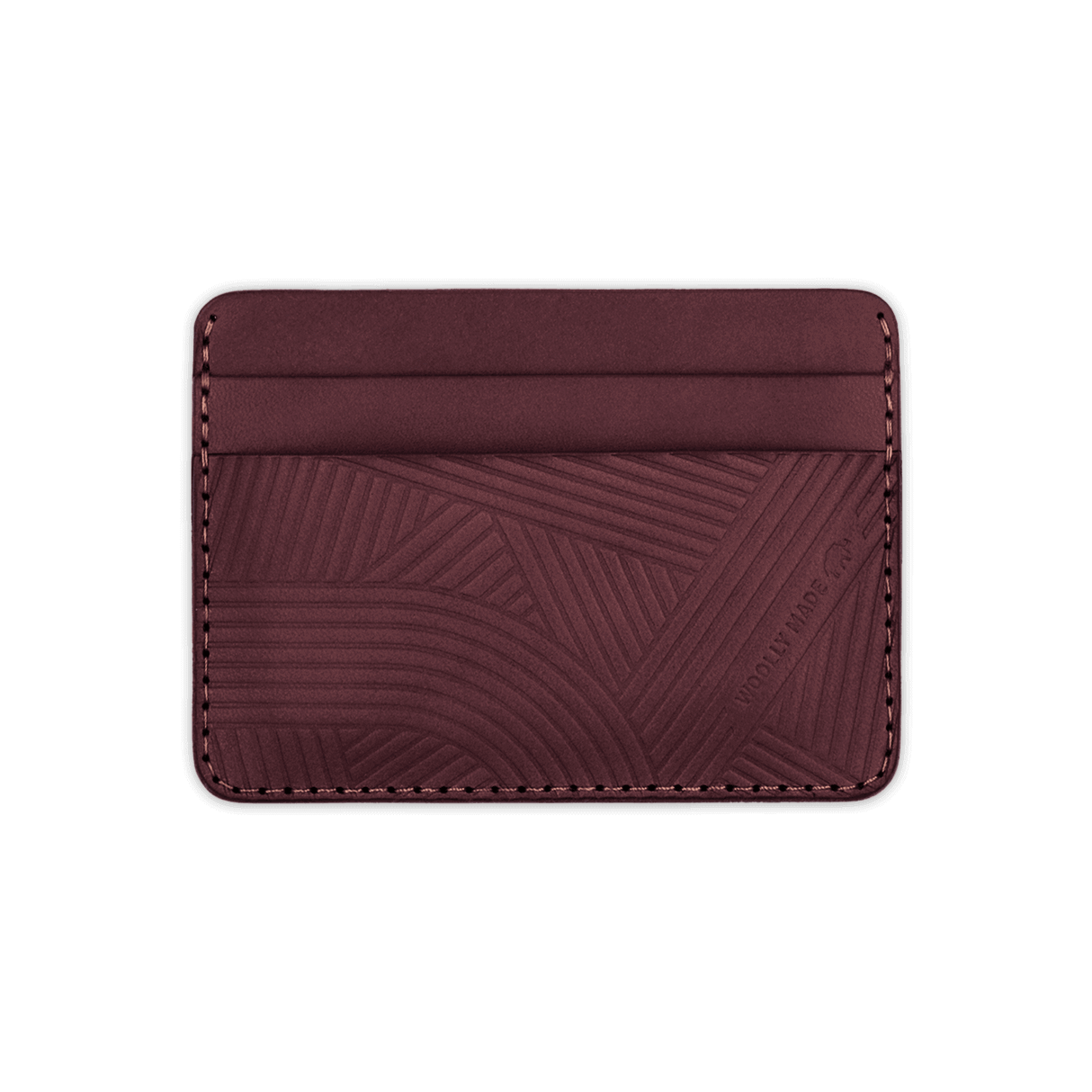 Burgundy leather Texture with hand-pressed design and Woolly Made logo.