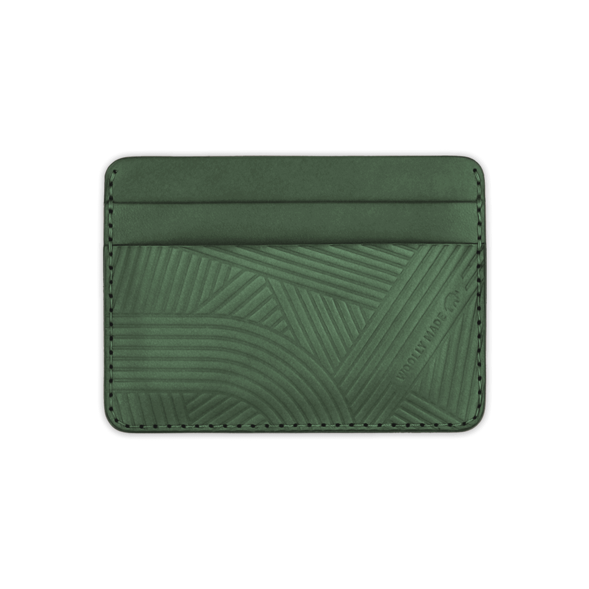 Green leather Texture with hand-pressed design and Woolly Made logo.