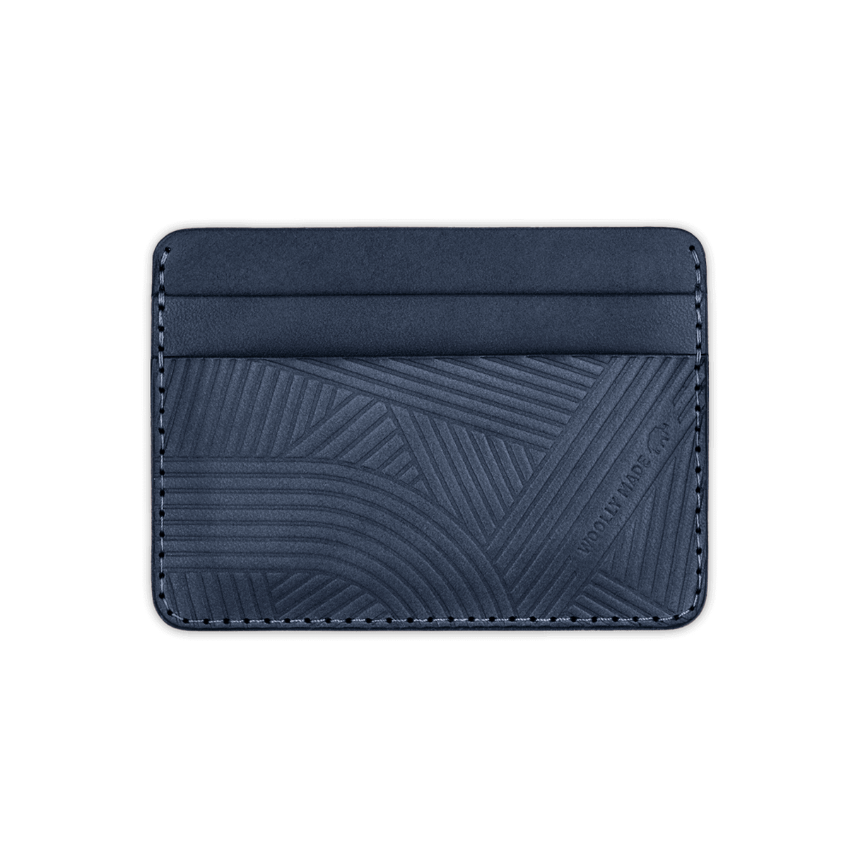 Navy leather Texture with hand-pressed design and Woolly Made logo.