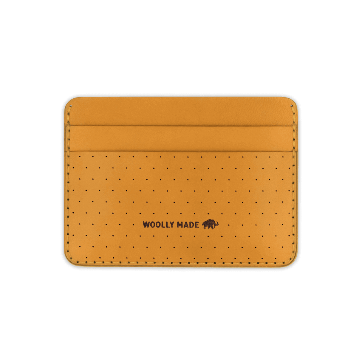 Gold leather Half Wallet with decorative perforation and etched Woolly Made logo.